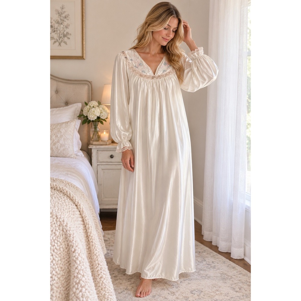 Vintage 80s Cachet Sears Satin Nightgown Ivory Lace Embroidered Long Sleeve